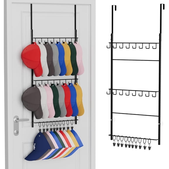 Consumest Over Door Hat Organizer - 3 Tier Wall Mounted Rack with 16 Hooks and 10 Movable Clips, Hanging Baseball Cap Storage Holds up to 26 Caps for Door, Bedroom, Closet USPTO Patent Pending