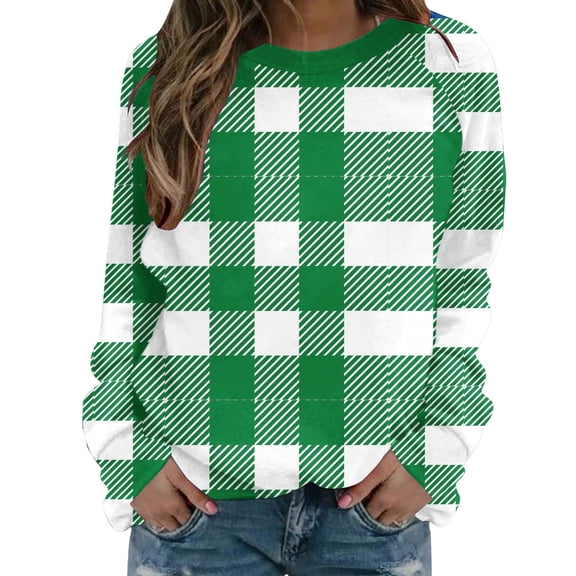 YUGYXL Womens Sweatshirt Plaid Check Crewneck Top Long Sleeve Loose Fit Pullover Casual Fashion Weekend Sweatshirt Army Green Sweatshirt M