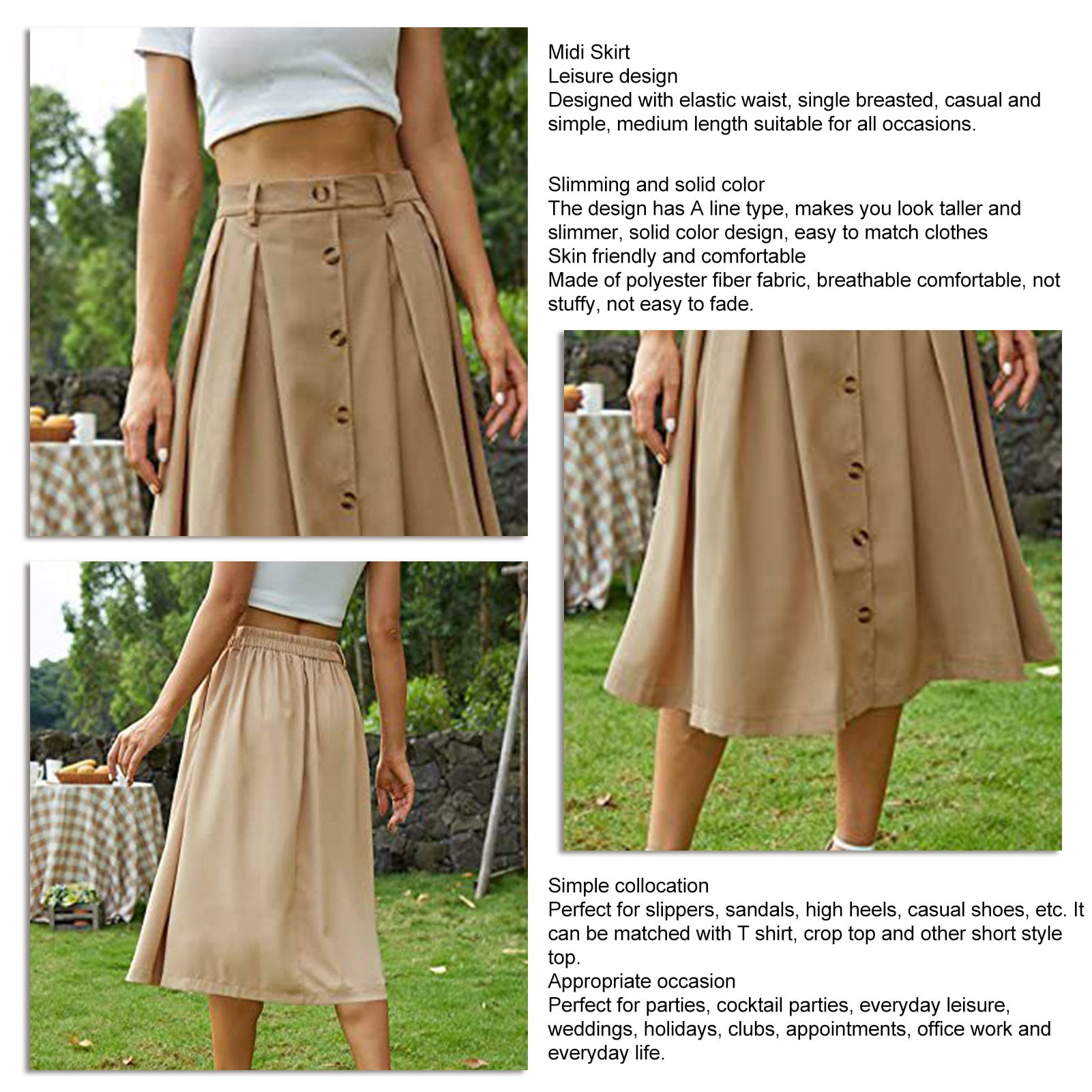 Midi Skirts A Line Pleated Botton Down Skirt Elastic Waist Casual Breathable Skirt for Women Khaki XXL Walmart
