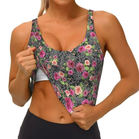 Qokaie Rose Mix Leopard Pattern Womens Scoop Neck Sports Bra Breathable Workout Vest Padded U Back Medium Impact Fitness Gym Yoga Bra Workout Crop Top
