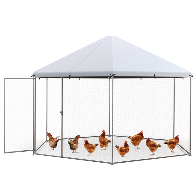 Costway Grand Poulailler à Entrée Piétonne, Cage à Volaille Galvanisée Robuste avec Couvercle Imperméable