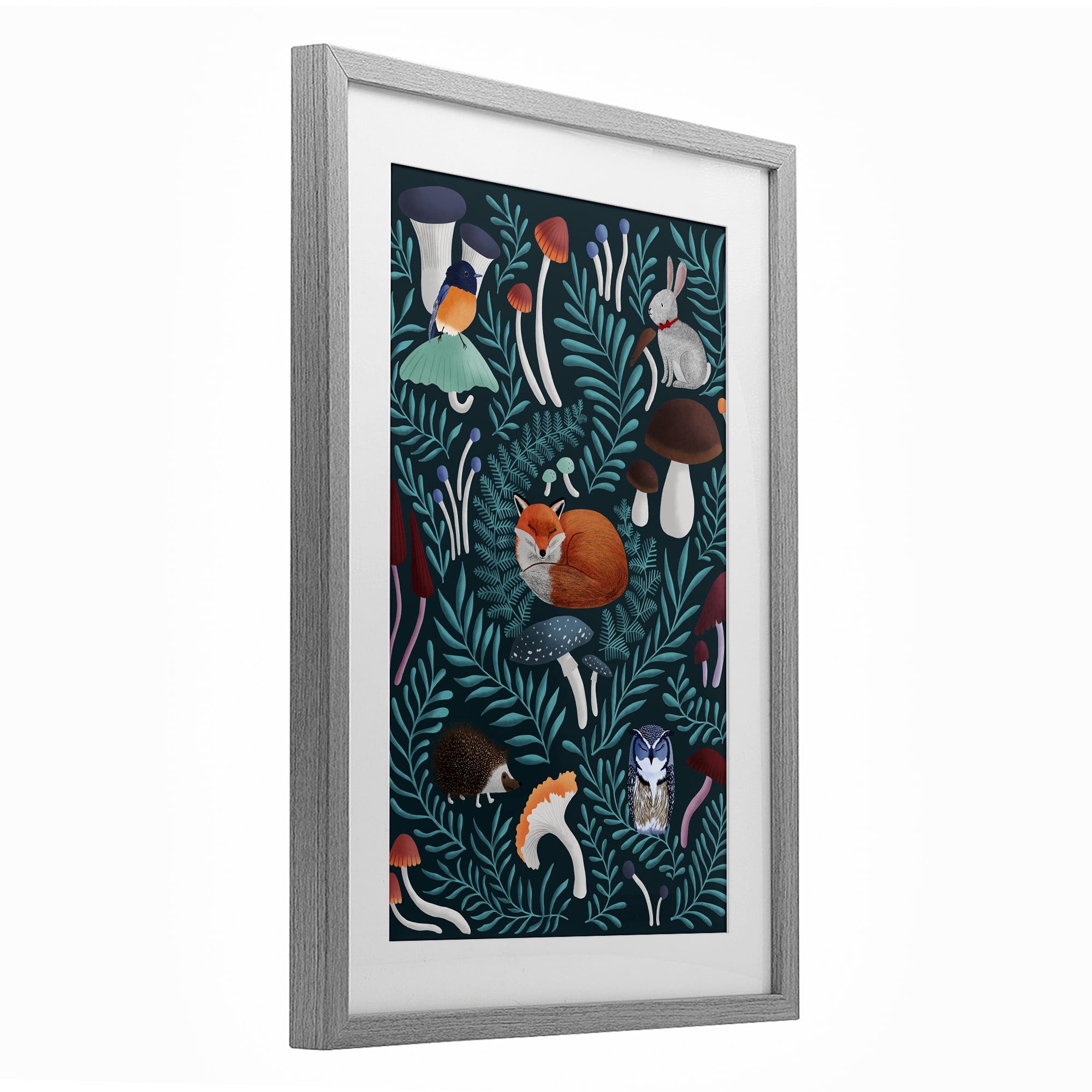 Woodland Animals & Botanical Sprigs Gray Framed Print Under Glass, design by Metka Hiti