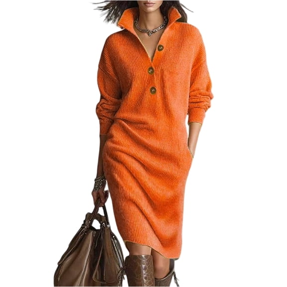 Fgvctg Fall Sweater Dresses for Women 2025 Long Sleeve Button Down Turtleneck Midi Dress Soft Winter Casual Rib Knitted Loose Dress Fashion Outfit With Pocket Saffron L