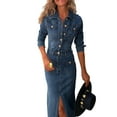 thumbnail image 3 of Denim Dress for Women Trendy Long Sleeve Button Down Denim Maxi Dress Bodycon Slit Long Jean Dresses Deep Blue XL, 3 of 9