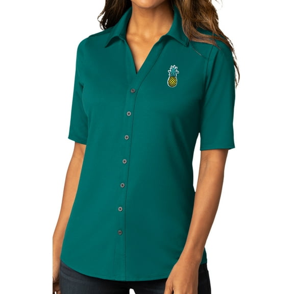 Womens Pineapple Patch Button-Down Stretch Shirt, 3XL Dark Teal