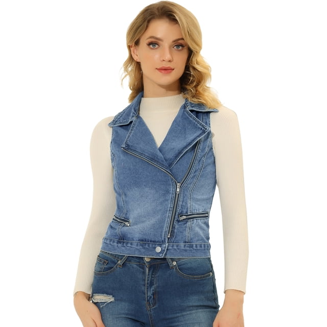 INSPIRE CHIC Chaqueta tipo chaleco de mezclilla lavada sin mangas con cierre asimétrico y solapa con muescas para mujer Azul S