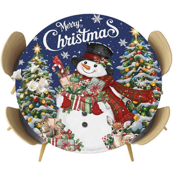 Navy Blue Christmas Snowman Round Tablecloth, Fitted Table Cover with Elastic for 36"-44" Round Tables, Xmas Tree Snowflake Botanical Table Cloth Outdoor Indoor Dinning Party Waterproof Tablecloths