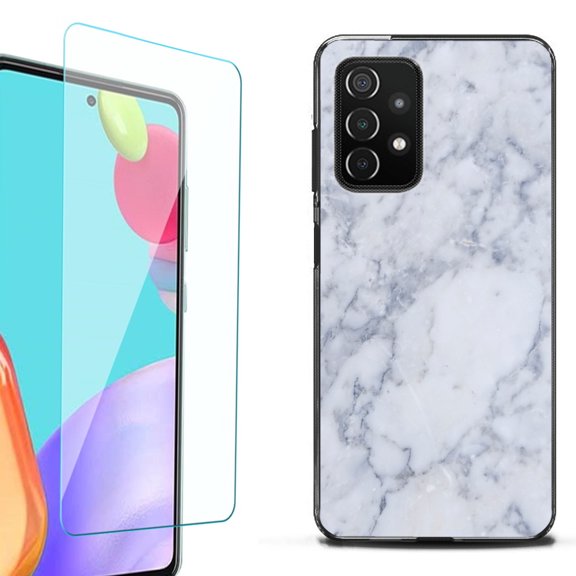 Slim-Fit Flexible TPU Gel Phone Case (black) for Samsung Galaxy A52 5G, with Tempered Glass Screen Protector, by OneToughShield ® - Marble / Clouds