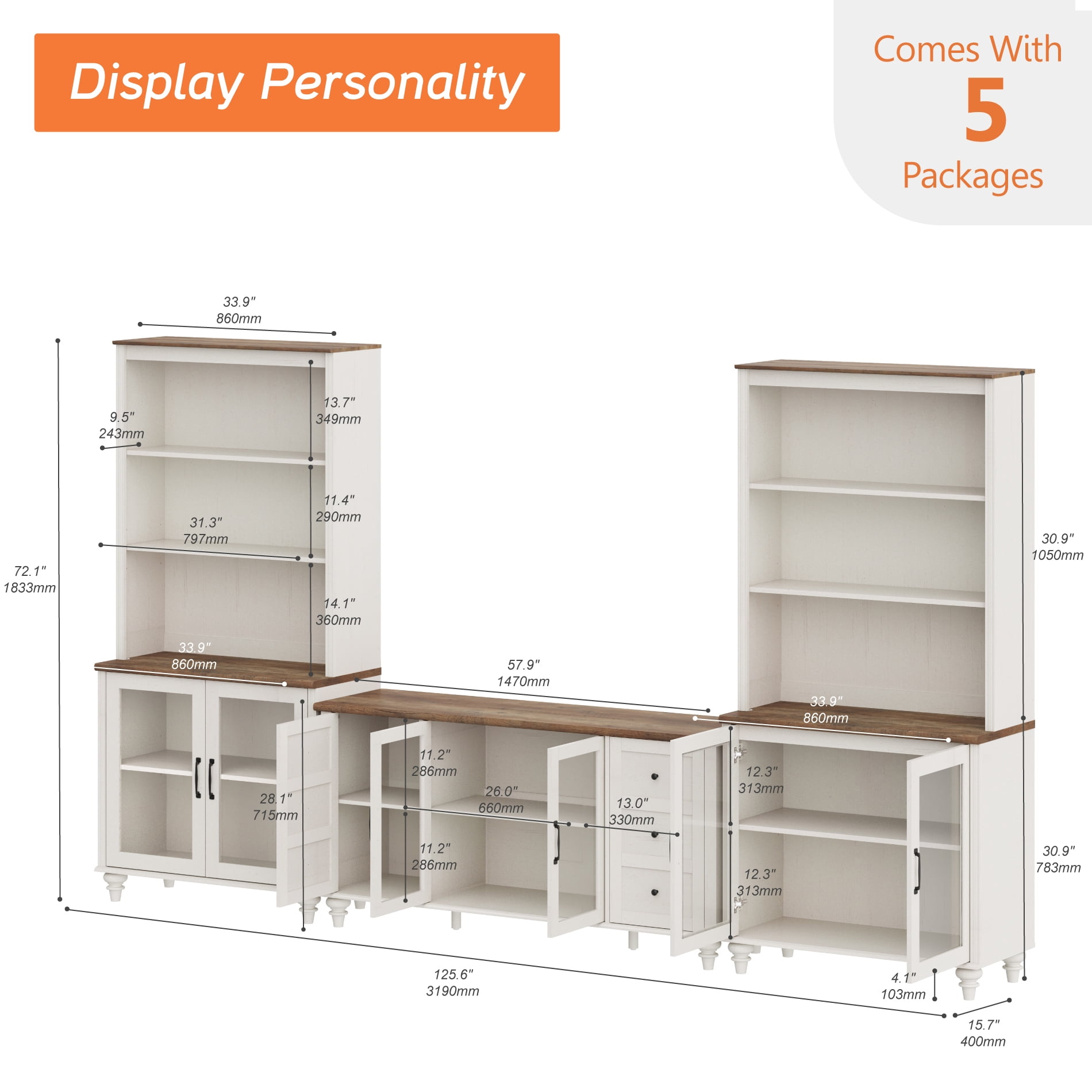 Entertainment Center with Bookshelves for TVs up to 65", Farmhouse Wall Unit TV Stand with Glass Doors, Media Console Table for Living Room, Bedroom & Home Theater, White