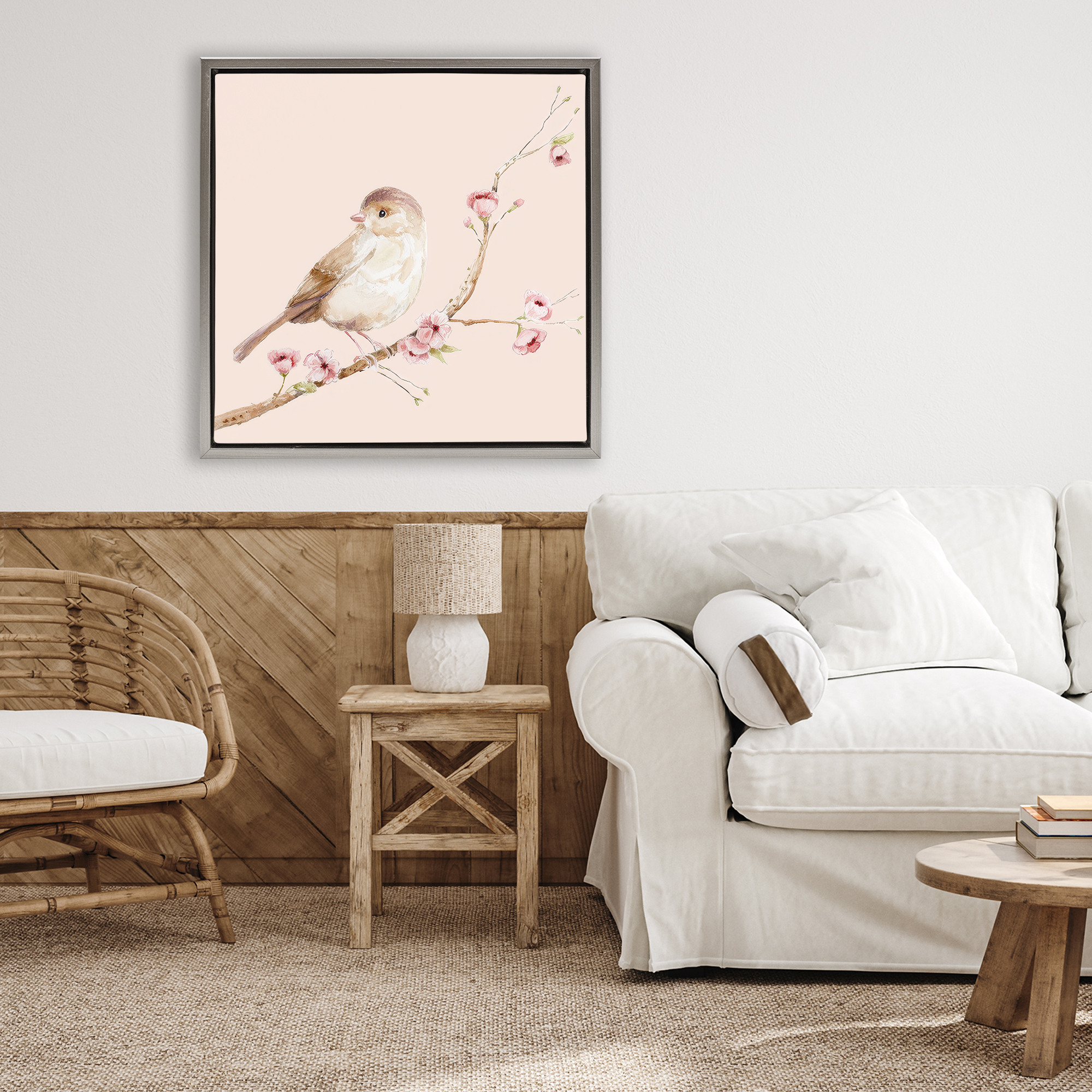 Sweet Brown Bird Perched Gray Framed Floater Canvas Wall Art, design by Lisa Wehmeyer