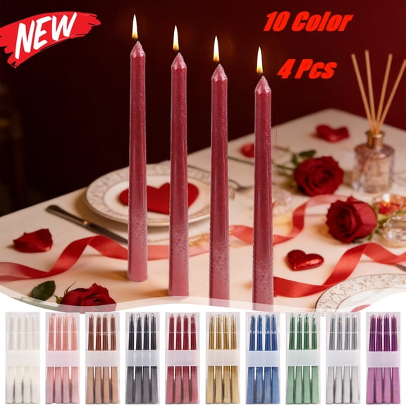 KOYPTL Set of 4 Taper Candles Valentines Day Decorations for Home Decor Unscented 10 Inch Tall Skinny Wax Solid Candlesticks Table Decorations for Wedding Party Candlelight Dinner Decor White