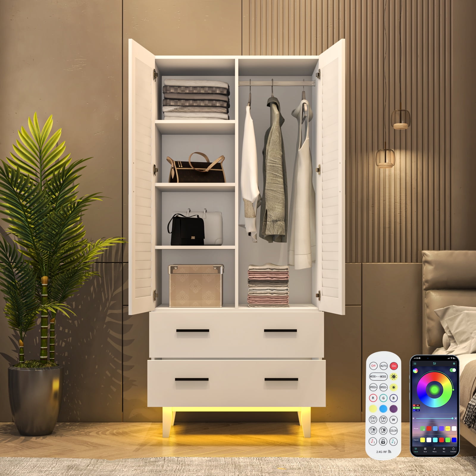 Blotout 70” Tall LED Armoire Wardrobe with Mirror & 2 Drawers, 2 Door LED Wood Wardrobe Armoire with Multi-Layer Shelves & Hanging Rod, Large Capacity Storage Cabinet w/Louver Doors, White