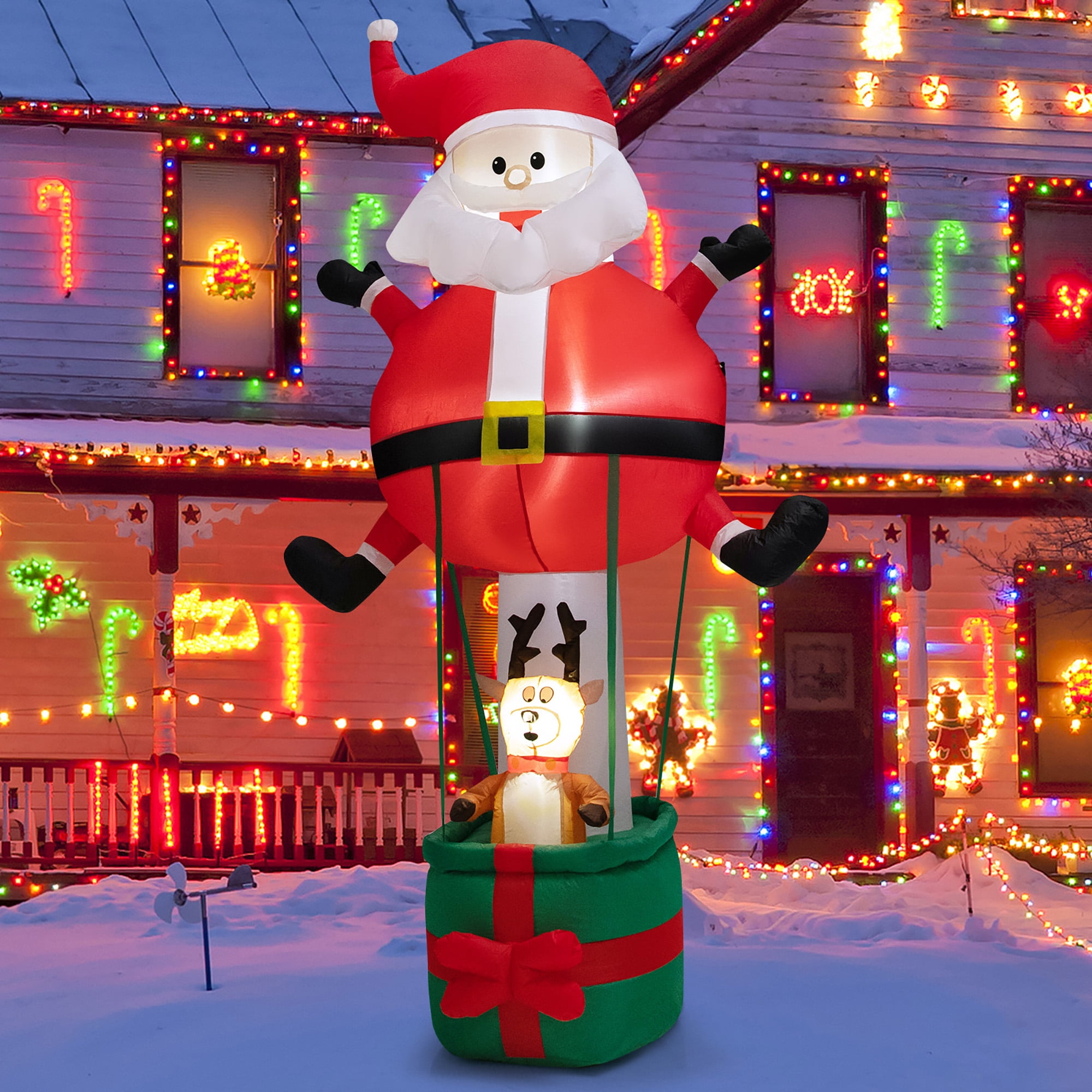 Gymax 8FT Inflatable Santa Claus & Reindeer Christmas Decoration w/ LED