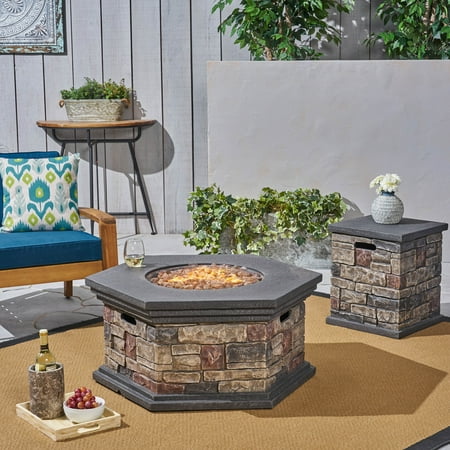 Keegan Outdoor 32 Inch Light Weight Concrete Octagonal Fire Pit and Tank Holder, Mixed