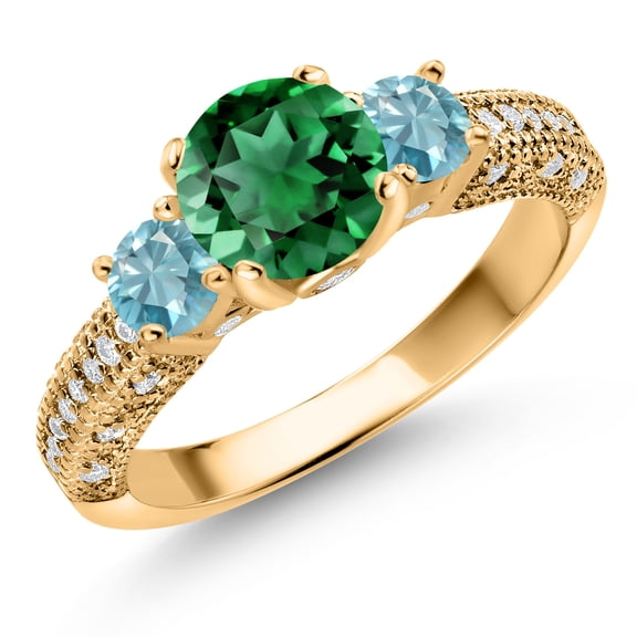 Gem Stone King 18K Yellow Gold Plated Silver Green Nano Emerald Blue Zircon and White Moissanite Engagement Ring for Women (2.30 Cttw, Gemstone May Birthstone, Round 7MM and 4MM, Size 9)