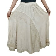 Mogul Women's Indian Ethnic Skirt Elastic Waist Beige Embroidered Summer Fashion Skirts