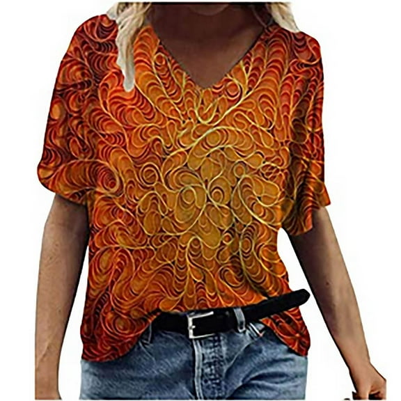 Patlollav Womens Plus Size Trend Summer V-Neck Print Short Sleeve T-Shirt Casual Loose Tops