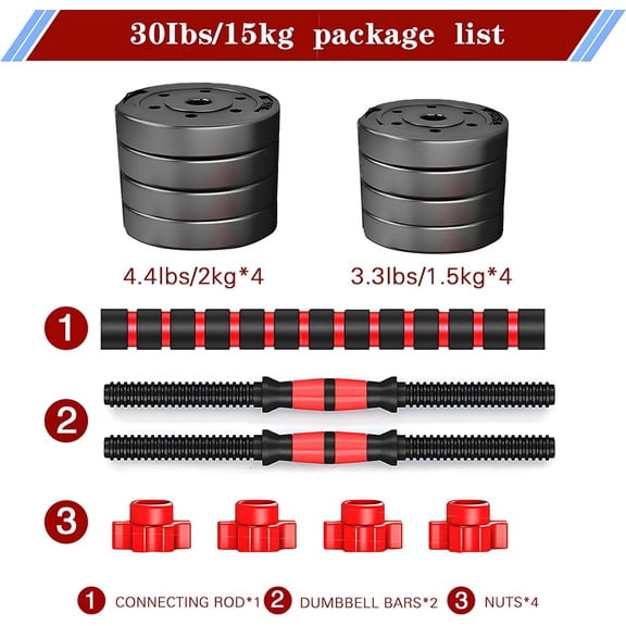Adjustable Dumbbells Set of 2, 30 lbs Convertible Barbell Weights for Home Gym