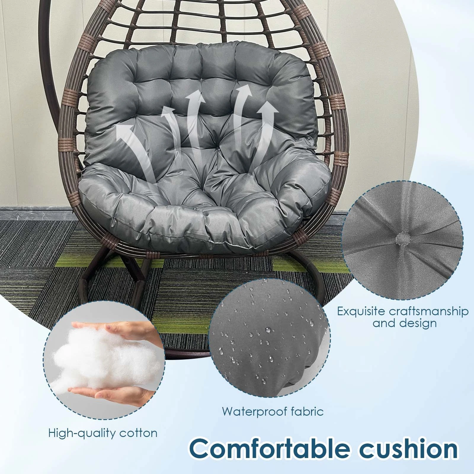 TOPCHANCES Egg Chair Cushion Only, Water-Resistant Outdoor Rocking Chair Cushion, Thick Papasan Seat Cushion with Ties for Patio, Porch, Balcony, Garden (Gray)