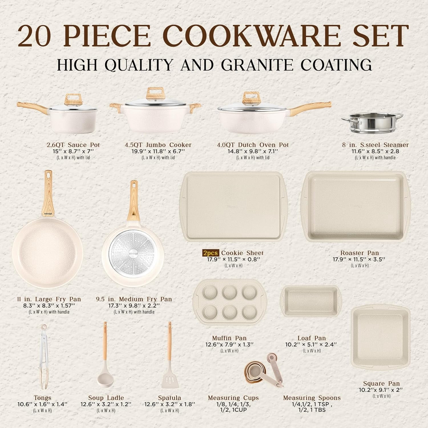 Bakken-Swiss 20-Piece Kitchen Cookware Set – Granite Non-Stick – Eco-Friendly – for All Stoves & Oven-Safe