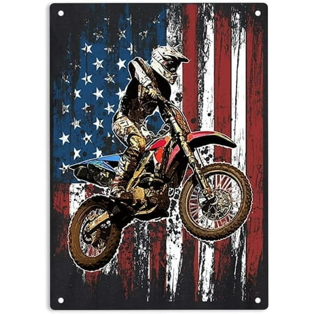 Vintage Tin Sign Dirt Bike Racing Motocross Racing American Flag Signs Racing Motocross Poster Bars Cave Wall Decor Sign 12x8 Inch