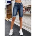 thumbnail image 6 of Women's High Waisted Stretch Denim Bermuda Shorts, Dark Blue Wash, with Rolled Cuffed Hem and 2-Button Closure, Slim Fit Summer Jeans, 6 of 7
