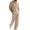 thumbnail image 2 of Men's Linen Blend 2 Piece Outfit Hooded Henley Shirt Drawstring Wide Leg Pants Set Light Khaki M, 2 of 10