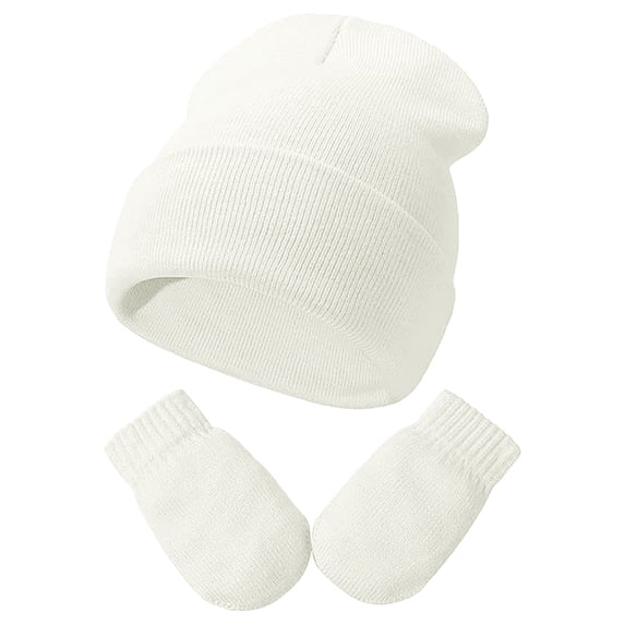 Ticikt Baby Knit Beanie & Mitten Set, Solid Color Soft Warm Toddler Hat Gloves Kit for Autumn Winter,White,2-6 Years
