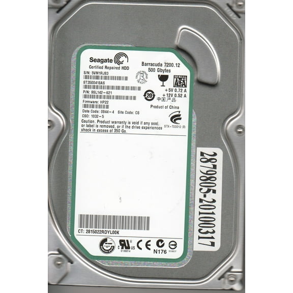ST3500418AS, 5VM, CS, PN 9SL142-621, FW HP22, Seagate 500GB SATA 3.5 Hard Drive