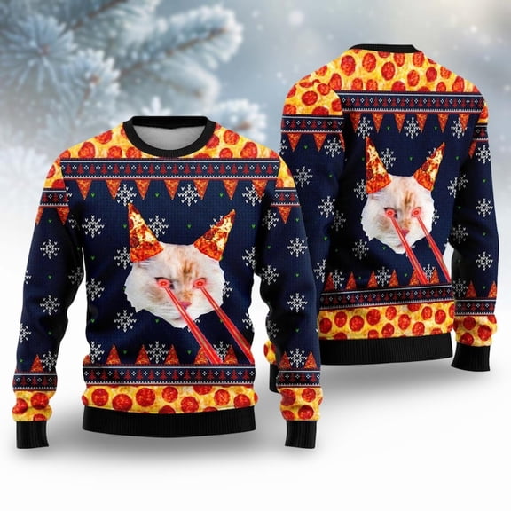 Christmas Pizza Cat With Laser Eyes 3D Christmas Sweater, Funny Cat 3D Sweater, Cat Laser Sweater, Meme Cat Sweater For Men Woman
