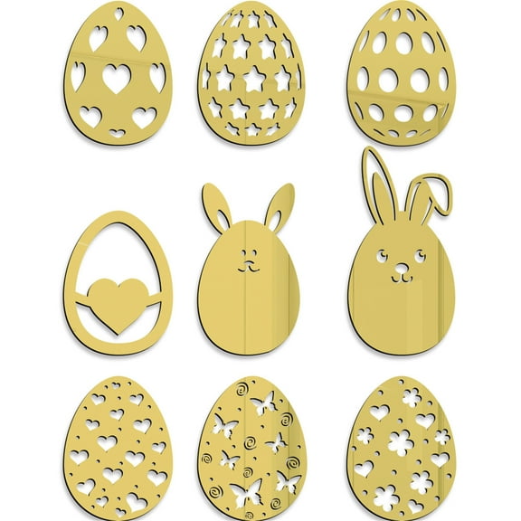 MXTPOV 9pcs Easter Mirror Stickers for Fridge Windows, Cute Easter Eggs Shaped Stickers for Party Home Decor, Easter Window Clings, Easter Decorations, Golden