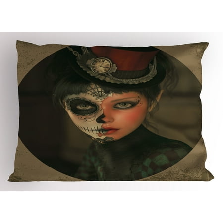 Sugar Skull Pillow Sham Antique Portrait Girl with Calavera Inspired Makeup and Topper Realistic Design, Decorative Standard Queen Size Printed Pillowcase, 30 X 20 Inches, Multicolor, by Ambesonne