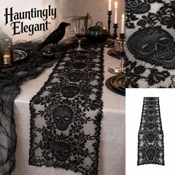 Black Lace Table Runner Gothic Halloween Decor Spooky Halloween Decorations Sugar Skull Design Dining Table Decor for Halloween Party Mantel and Indoor Home Display, 1 Pack