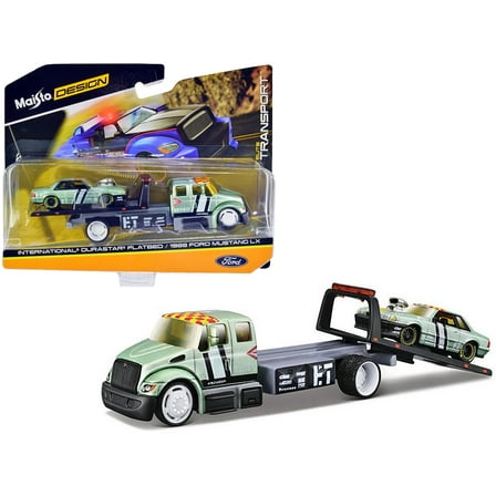 International DuraStar Flatbed Truck & 1988 Ford Mustang LX Light Green Met. w/Stripes & Graphics 1/64 Diecast Models by Maisto