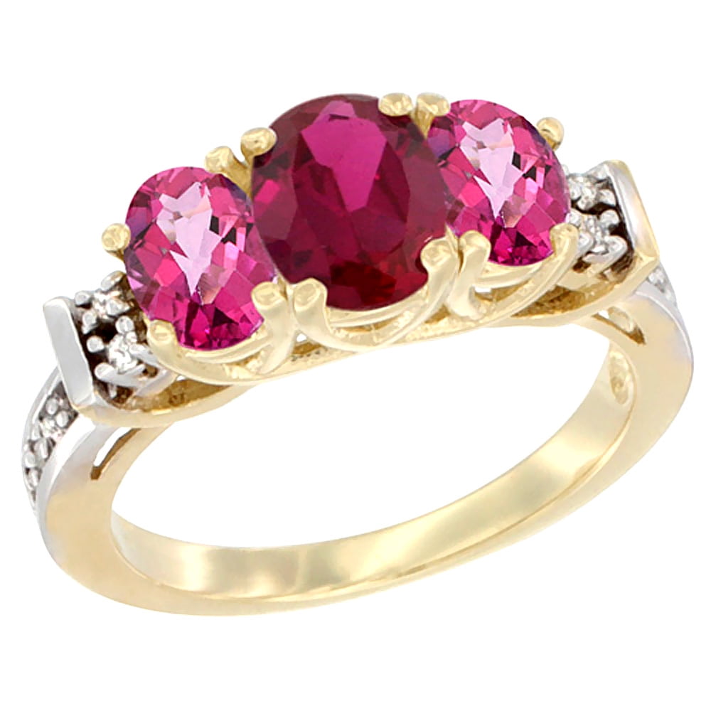 10K Yellow Gold Enhanced Ruby & Natural Pink Topaz Ring 3-Stone Oval Diamond Accent by WorldJewels