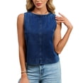 thumbnail image 2 of Sheghy Tank Tops for Women Summer Denim Crew Neck Tank, Solid Straight Fit Sleeveless Casual Top Dark Blue S, 2 of 8
