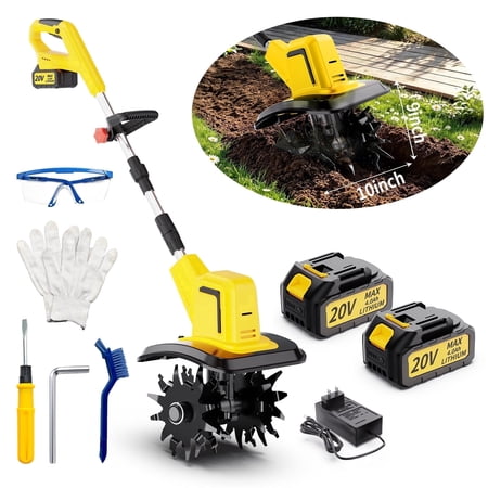 KITESDER 10" 20V Battery Powered Cordless Power Tillers, 4 Steel Blades, 2 Batteries, Foldable Handle