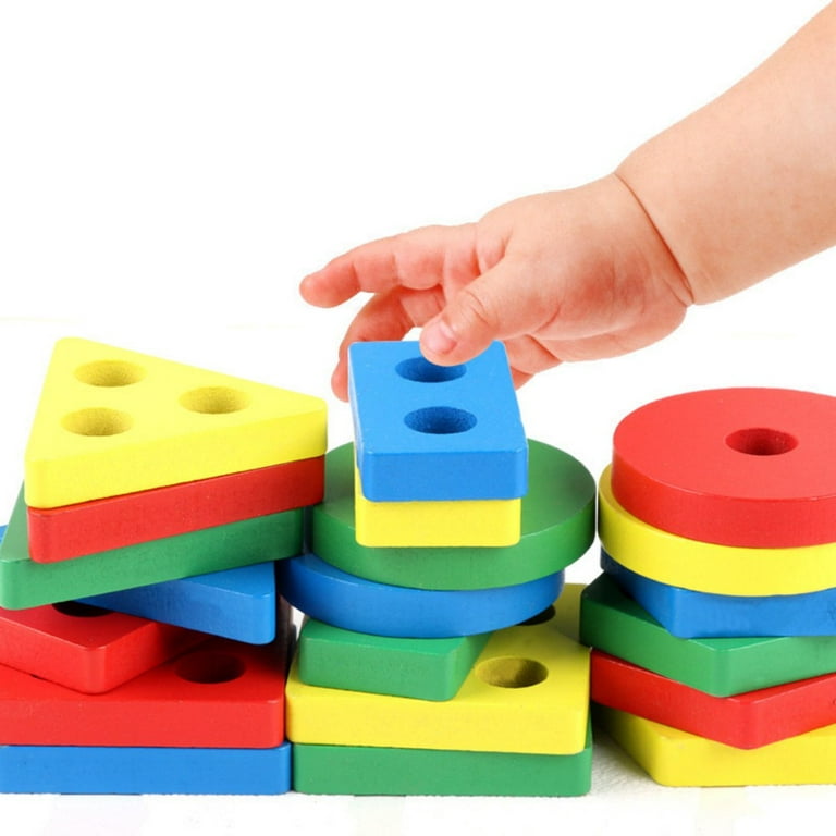 Wooden Sorting Stacking Montessori Toys, Shape Color Recognition Blocks Matching Puzzle Stacker Geometric Board Early Educational Puzzles for Years