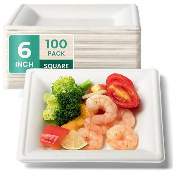 [100 Pack] Compostable Paper Plates, 6 Inch Biodegradable Square Plates, Heavy-Duty Disposable Dessert Plates Eco-Friendly Sugarcane Plate for Party, Appetizer, Dinner. Cake, Snack, White
