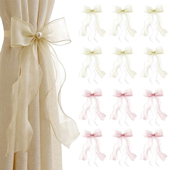 Style-Carry 12 Pack Lace Bow Curtain Tiebacks, Simple Elegant DIY Curtain Holdbacks for Bedroom Dining Room Office Home Decor,Ivory and Pink