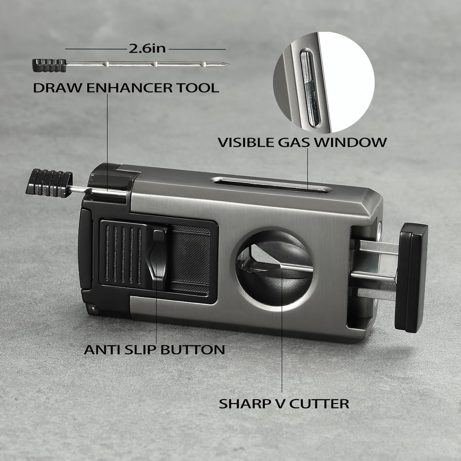 All in One Jet Flame Butane Torch Lighter Built-in Cutter V Cut, Punch, Holder Function, Draw Enhancer Tool, Refillable and Adjustable Windproof Gas Lighter, Black (Sold Without Gas)