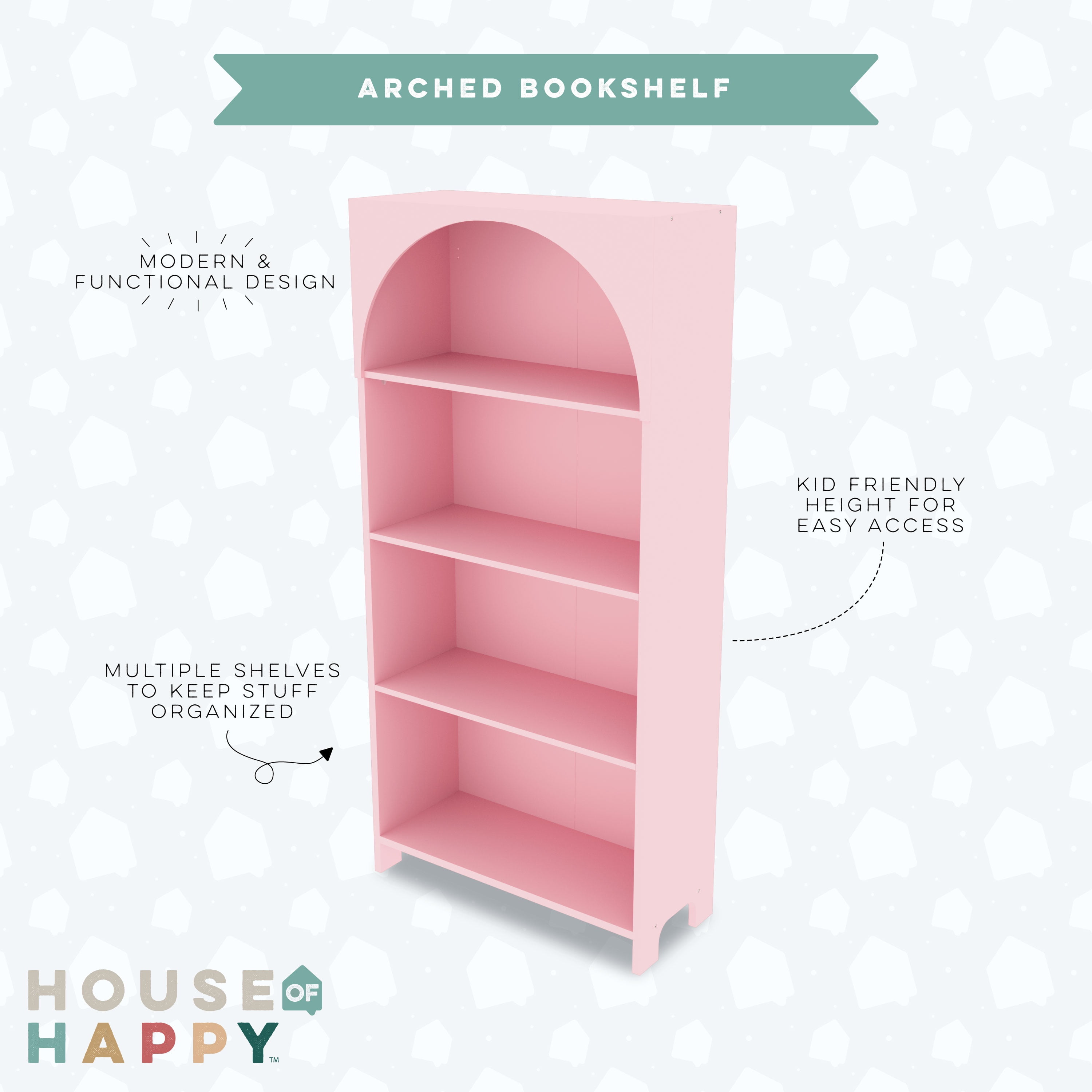 House of Happy Arched Bookshelf, Pink