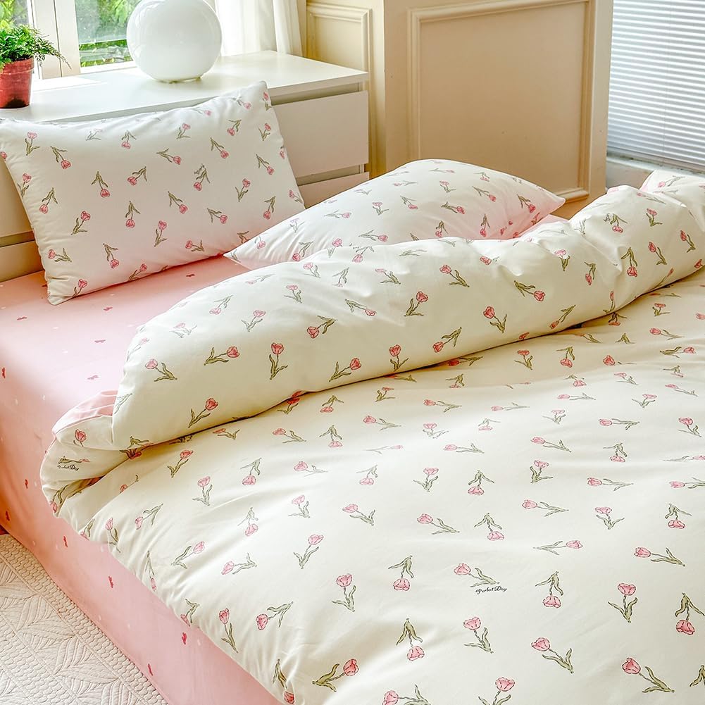 Nayoroom 100% Organic Cotton Duvet Cover Set, 3 Pieces White Pink Floral Flower Tulip Reversible Soft Bedding Set Queen