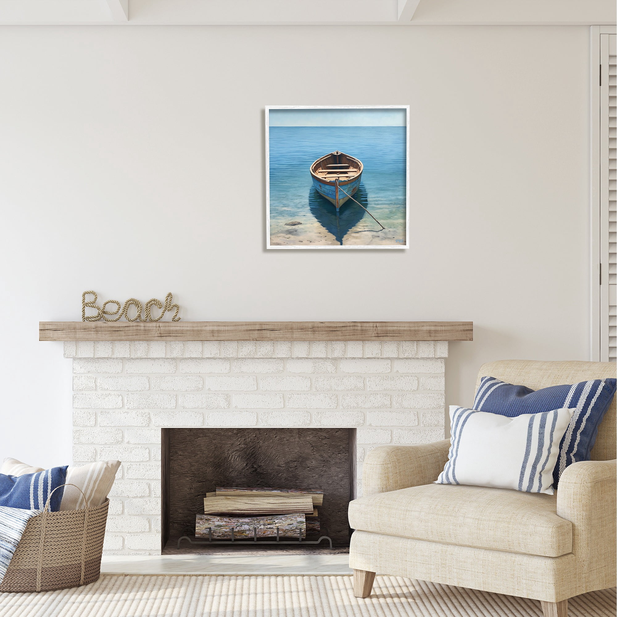 Stupell Industries Rowboat on Calm Shore Transportation Painting White Framed Art Print Wall Art, 24 x 24