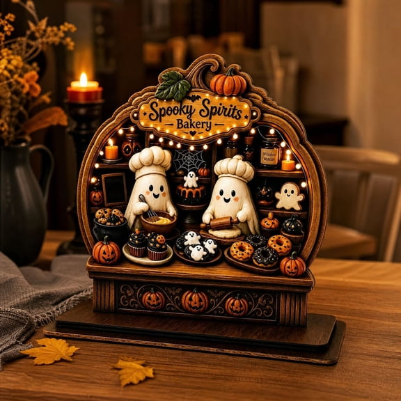 Spooky Spirits Bakery Ghost Chef Wooden Tabletop Statue, Cute Halloween Baking Ghost Pumpkin Decor Wooden Ornament for Fall Home Decor and Halloween Table Decor