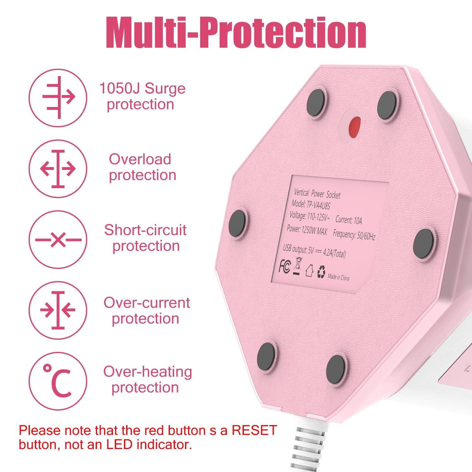 HITRENDS power strip with surge protection, 8 AC outlets + 4 USB ports, 16 AWG, 6.5ft power cord (1250 W, 1050 J)