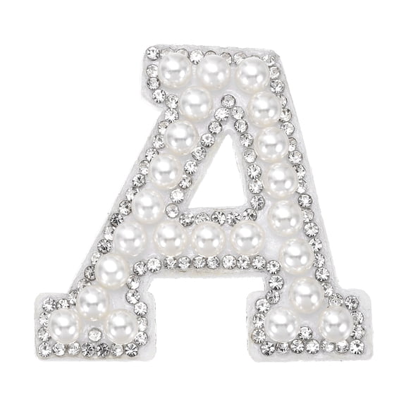 Uxcell Iron on Pearl Letter A Patches, Pearl Rhinestone A-Z Alphabet Self Adhesive Sew on Patches, Glitter Letter Applique for Clothes Fabric DIY Backpack, White