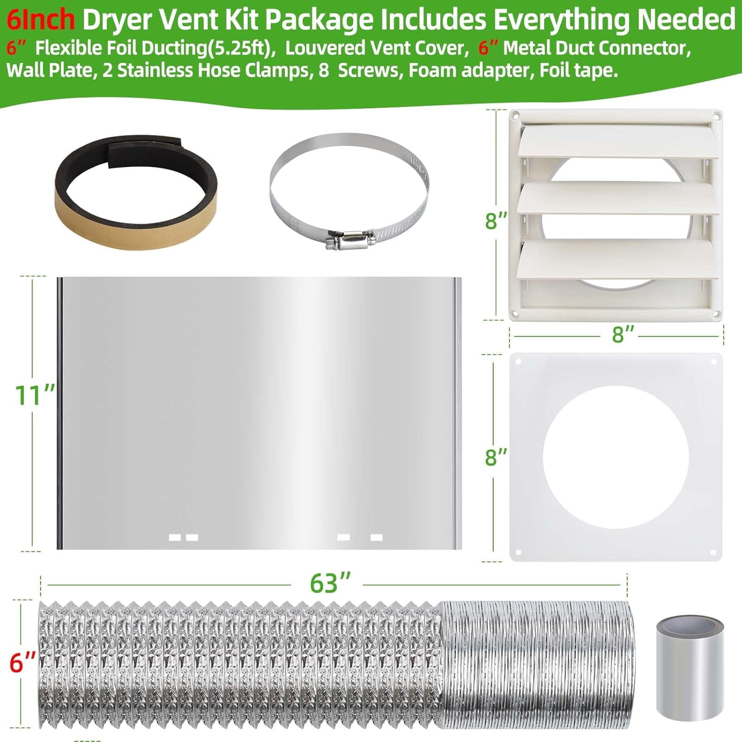 6" Dryer Vent Kit with Hose/Duct Connector/Wall Plate, Dryer Vent Hose Connector Wall Ducting Kit for Bathroom Ventilation Fans Exhaust,Ceiling Washer Air Circulation