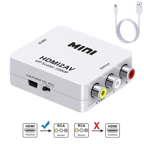 HDMI To RCA Converter,1080P HDMI To AV RCA Composite CVBS Video Audio Converter Adapter Supporting PAL/NTSC Compatible Xbox/PS2/Wii/SNES/N64VHS/DVD