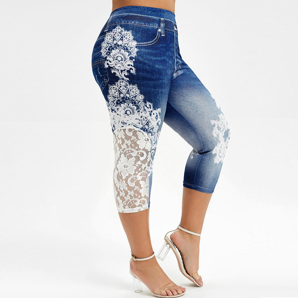 Frostluinai Plus Size Jeans Yoga Pants For Women Lace Printing Splice Elastic Capri Leggings Gym Cropped Compression Leggings Booty Lift Denim Jeggings - image 3 of 8